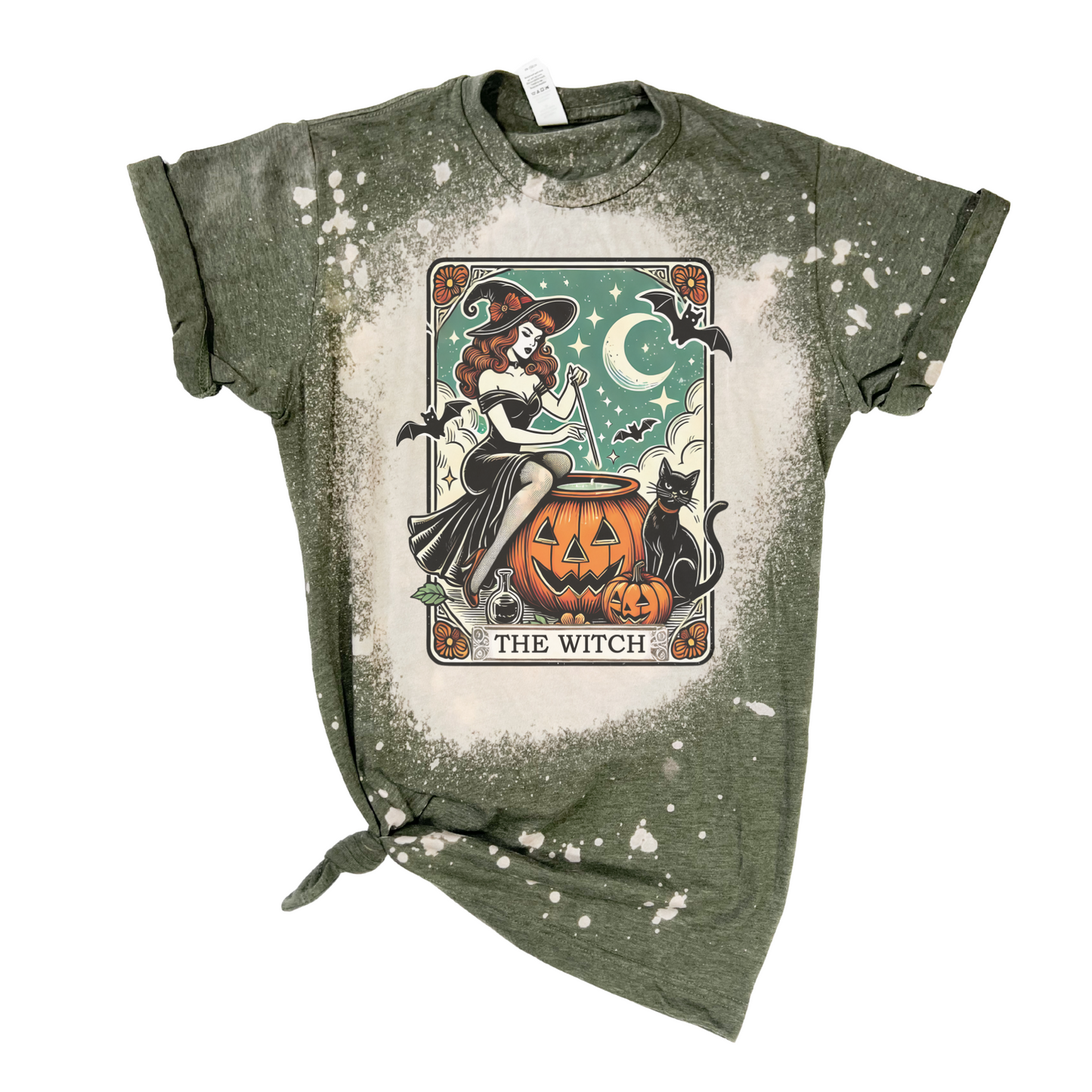The Witch and Black Cat Tarot Bleached Halloween Tee
