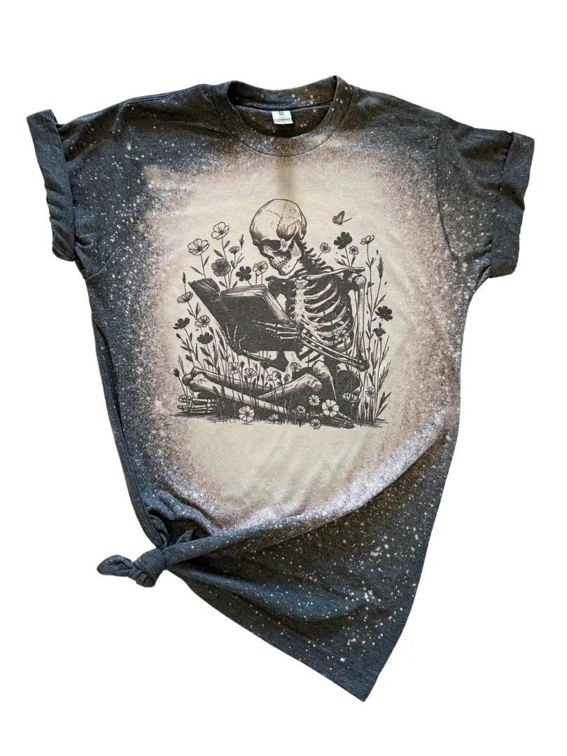 Book Lover Reader Skeleton Bleached Tee Graphic Tee