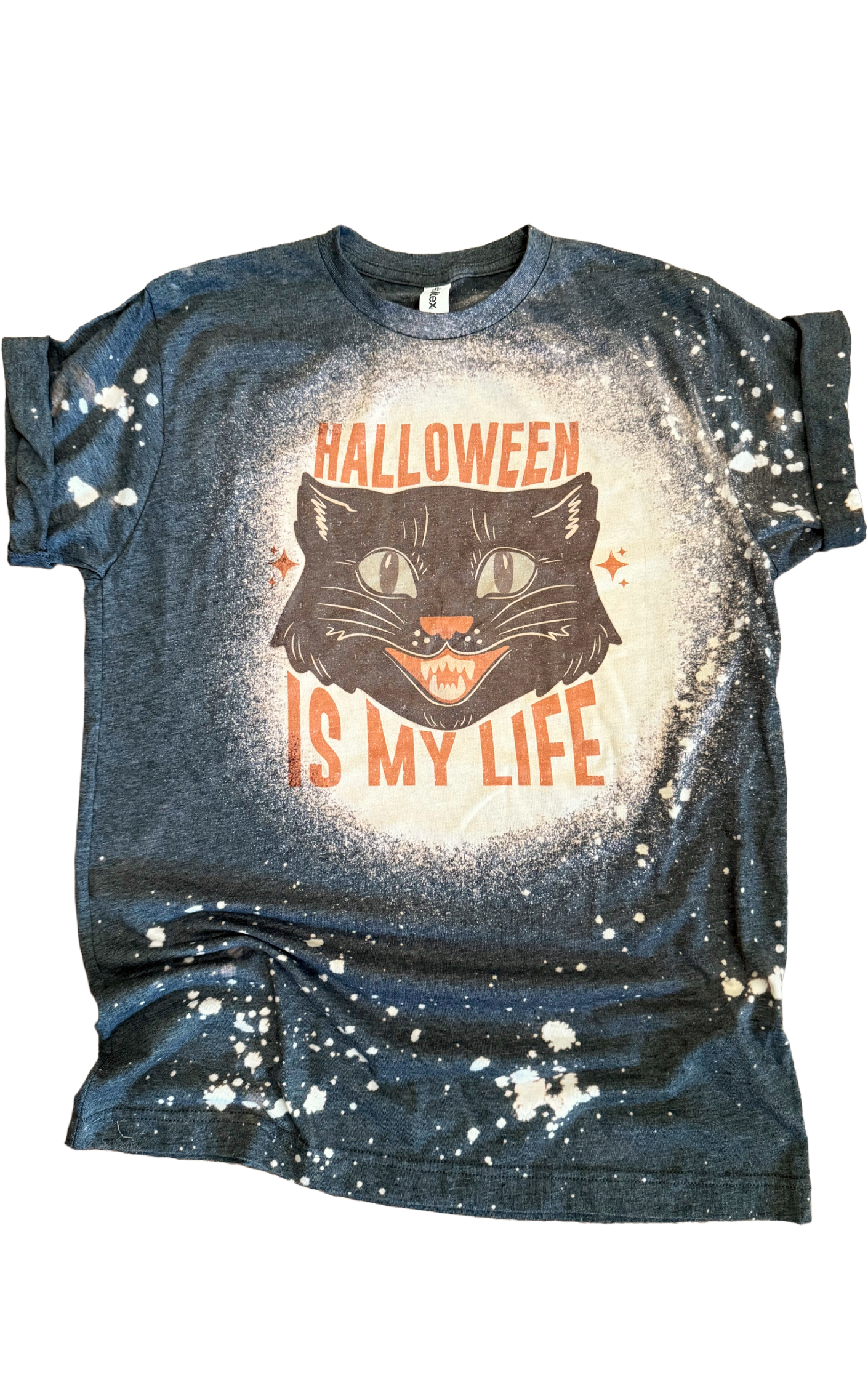 Halloween Is My Life Vintage Cat Halloween Bleached Tee