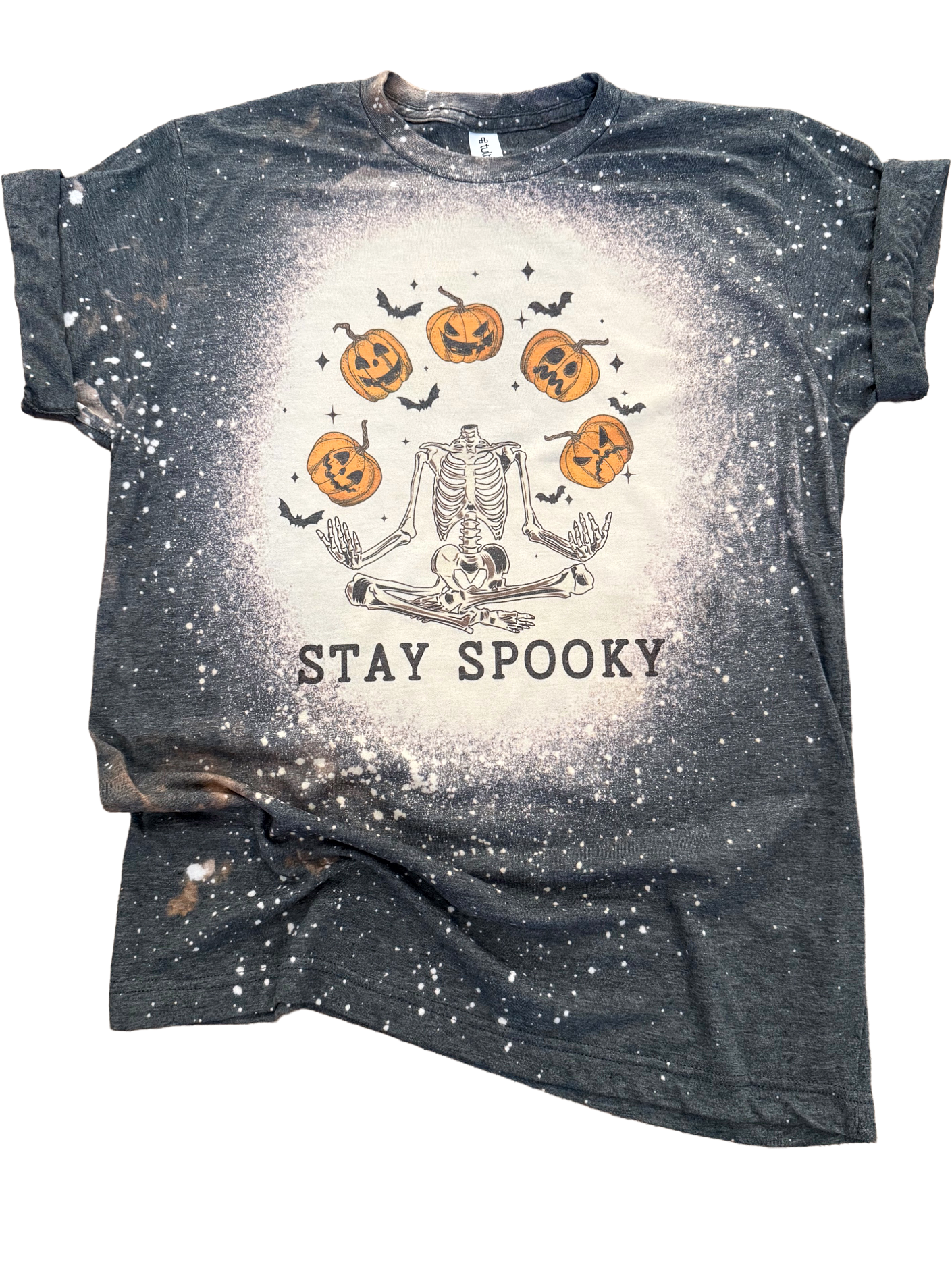 Stay Spooky Skeleton and Pumpkin Halloween Bleached Tee