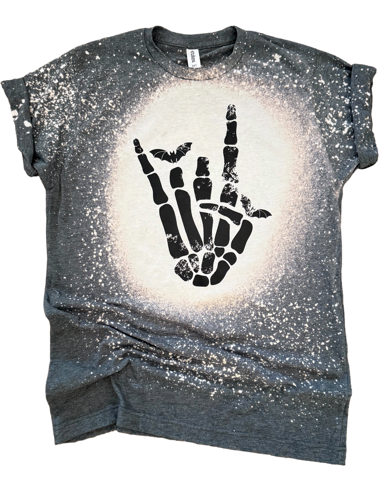 Rocker Skeleton Hand + Bats Halloween Bleached Tee