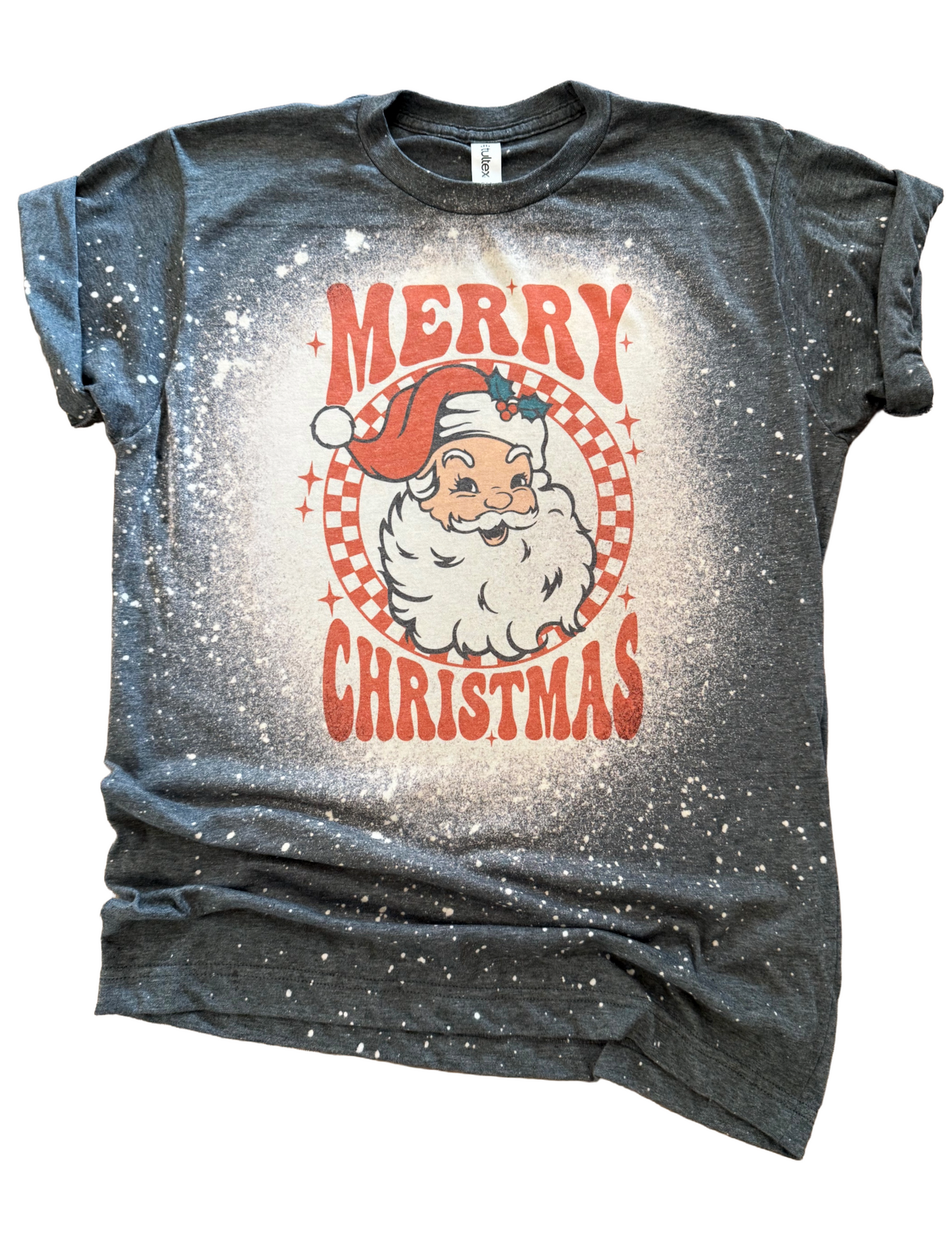 Retro Checkered Santa Merry Christmas Bleached Tee