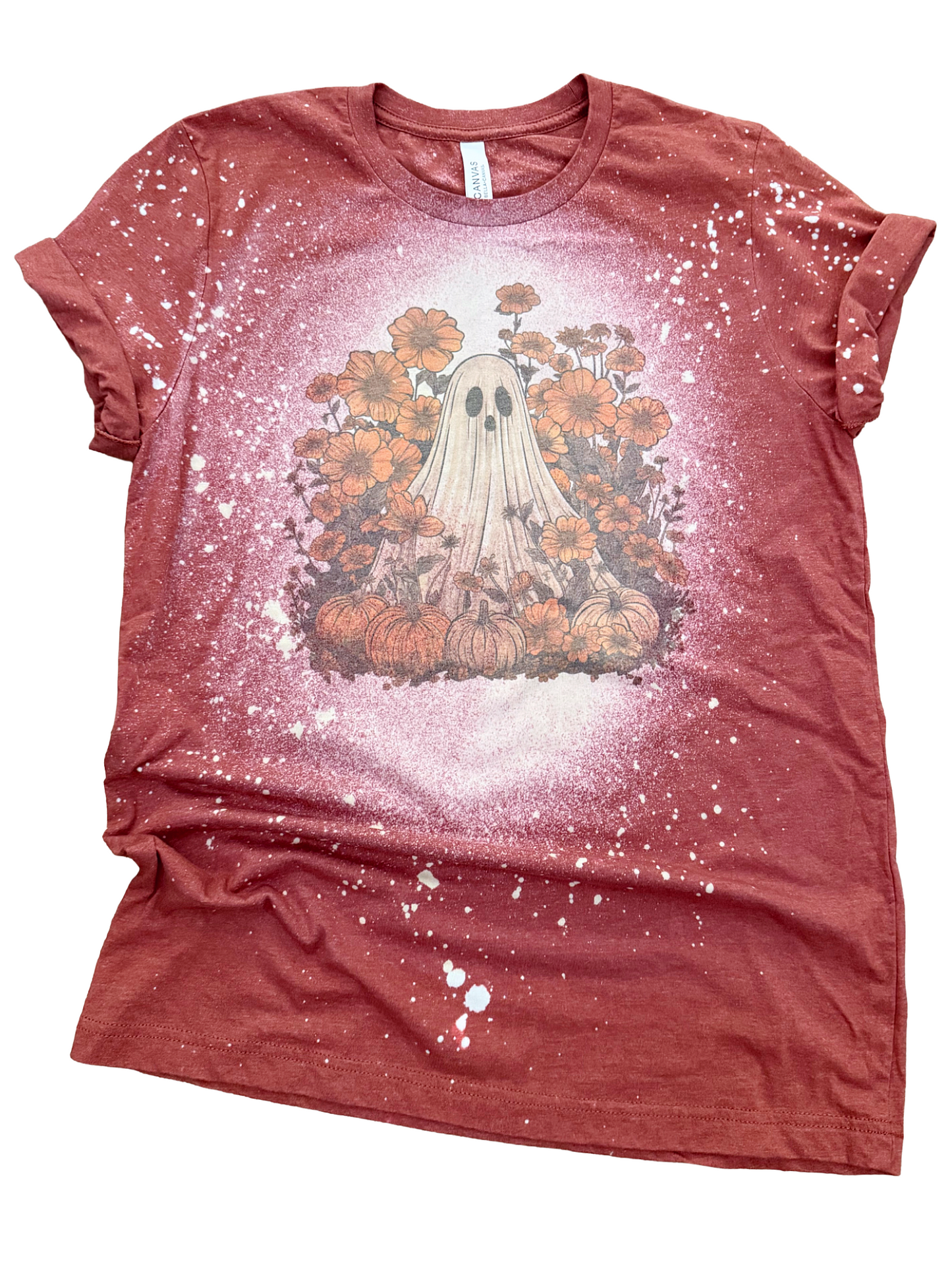 Fall Floral + Pumpkin Ghost Halloween Bleached Tee