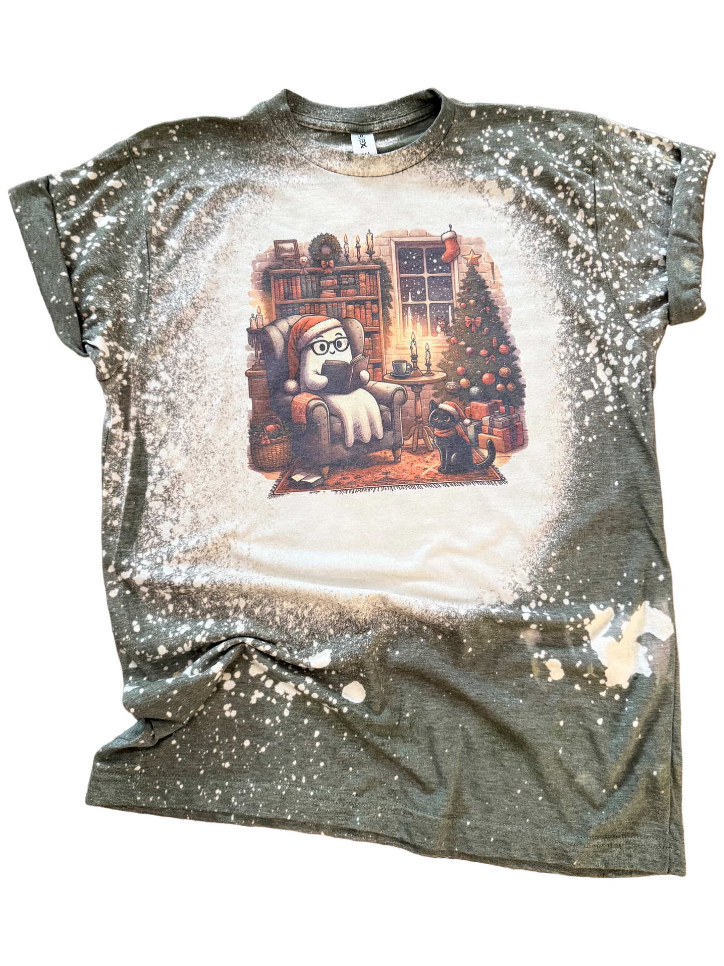 Cozy Christmas Ghost Reading Bleached Tee