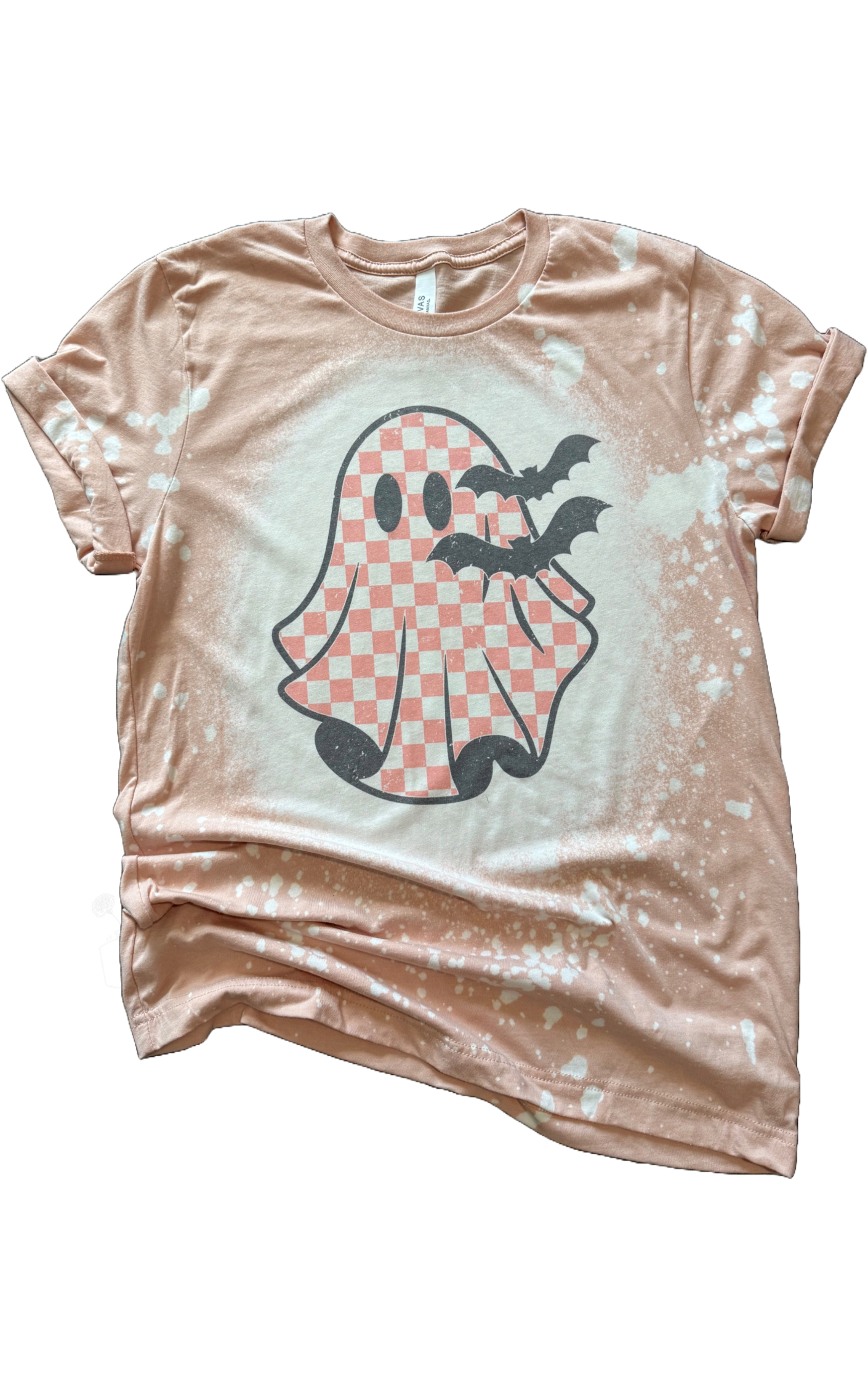 Checkered Ghost + Bats Halloween Bleached Tee