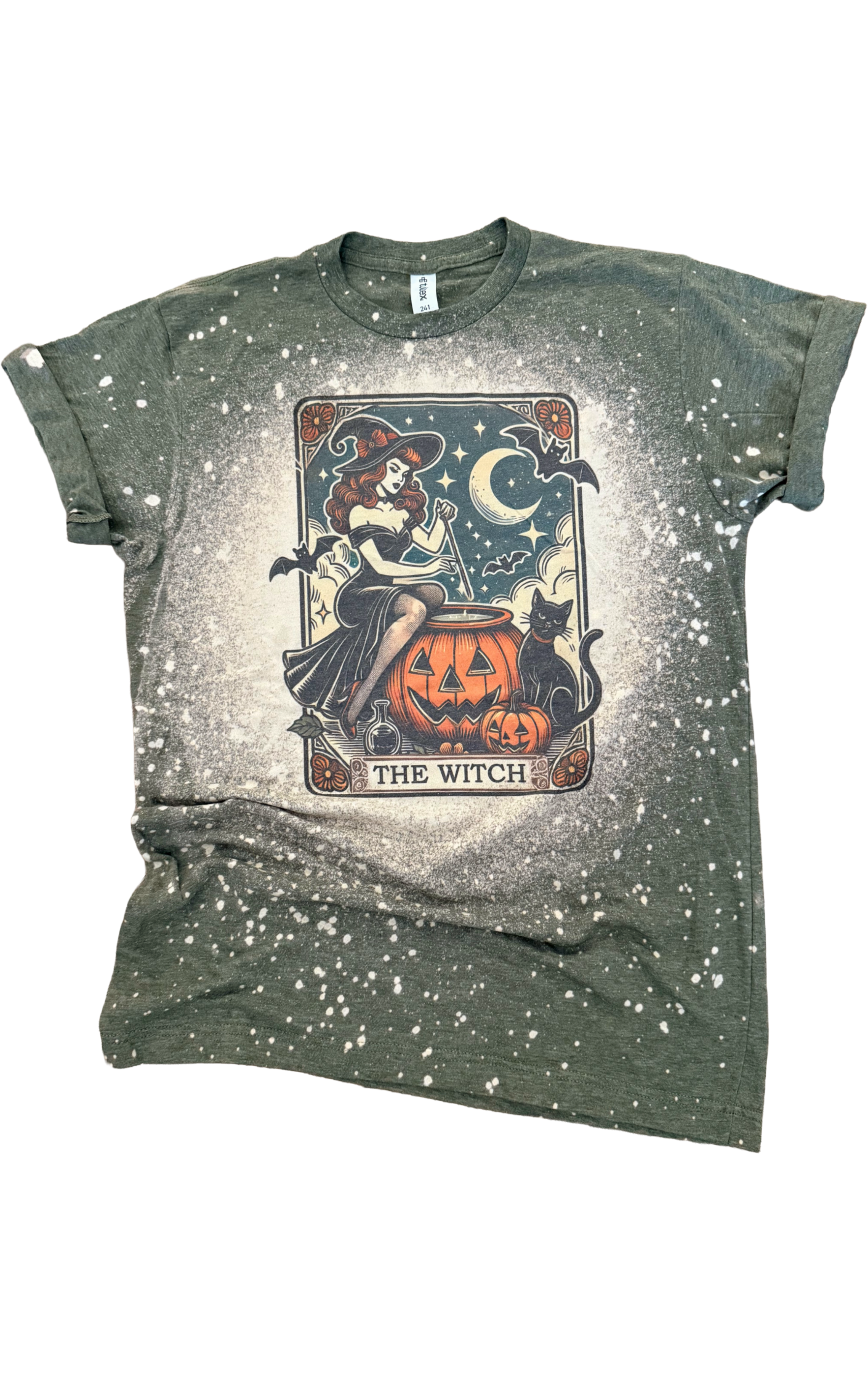 The Witch and Black Cat Tarot Bleached Halloween Tee