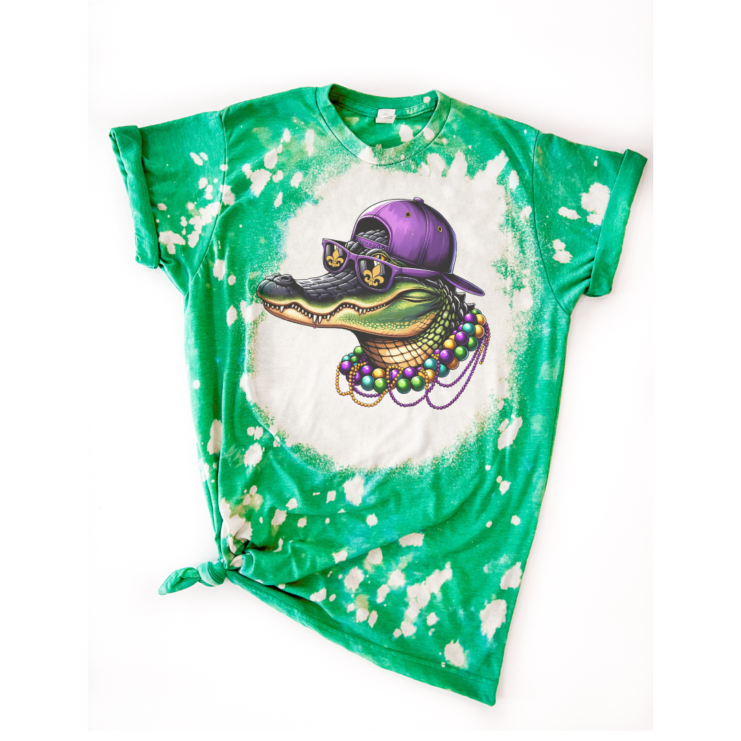 Mardi Gras Gator With Beads New Orleans NOLA Vintage Bleached Tee