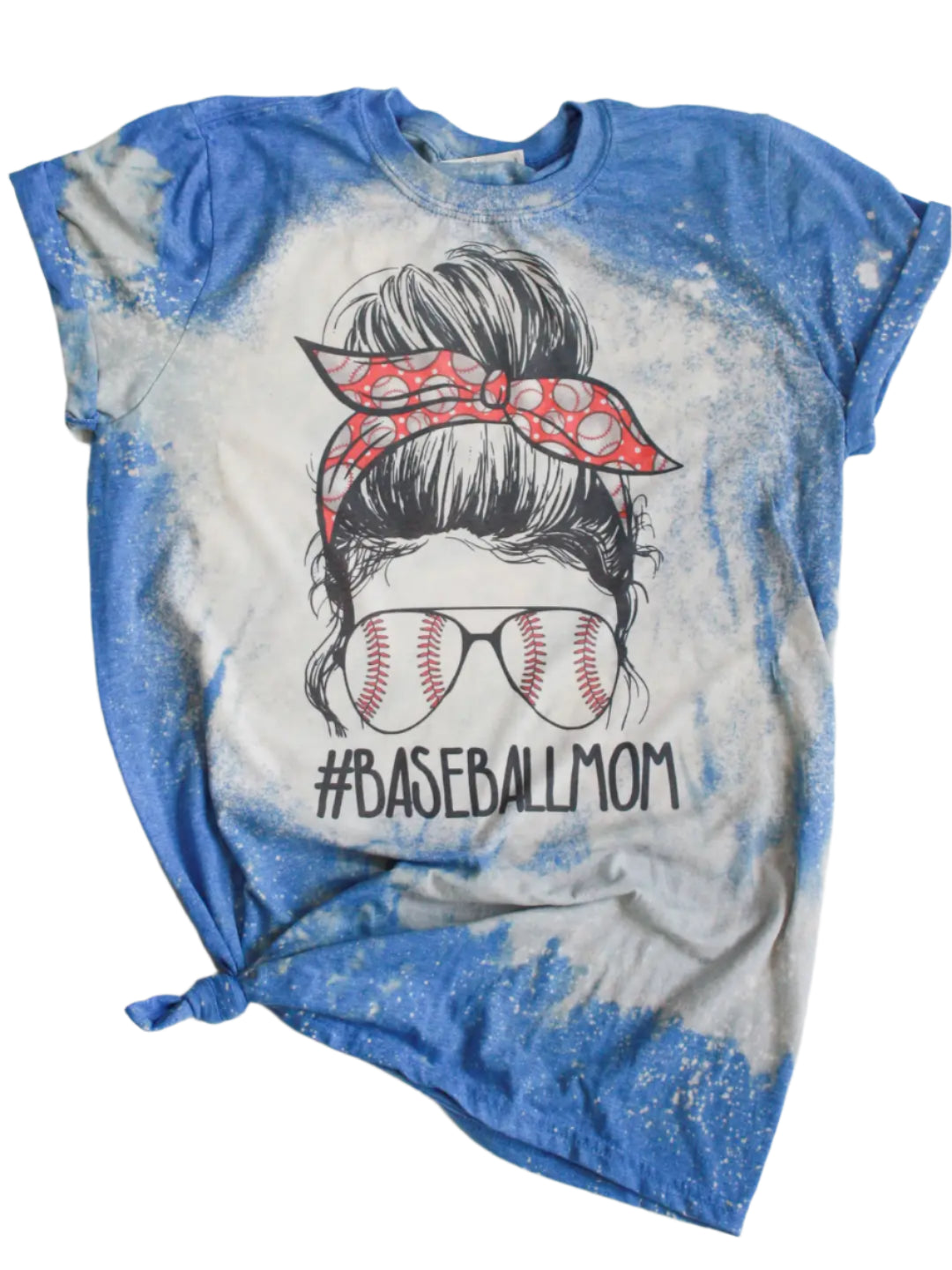 Blue and gray tie-dye t-shirt with '#BaseballMom' design on a white background
