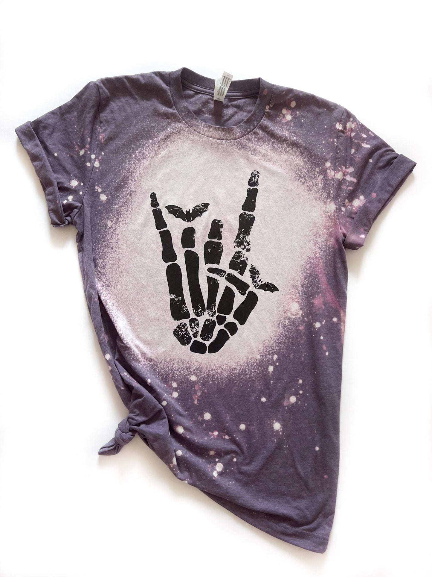 Halloween Rocker Skeleton Hand With Bats Bleached Tee