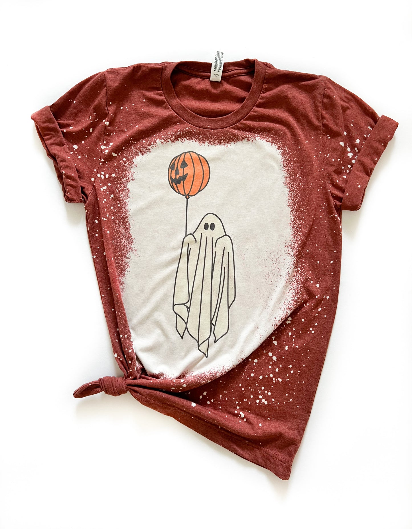Ghost With Pumpkin Balloon Halloween Bleached Tee