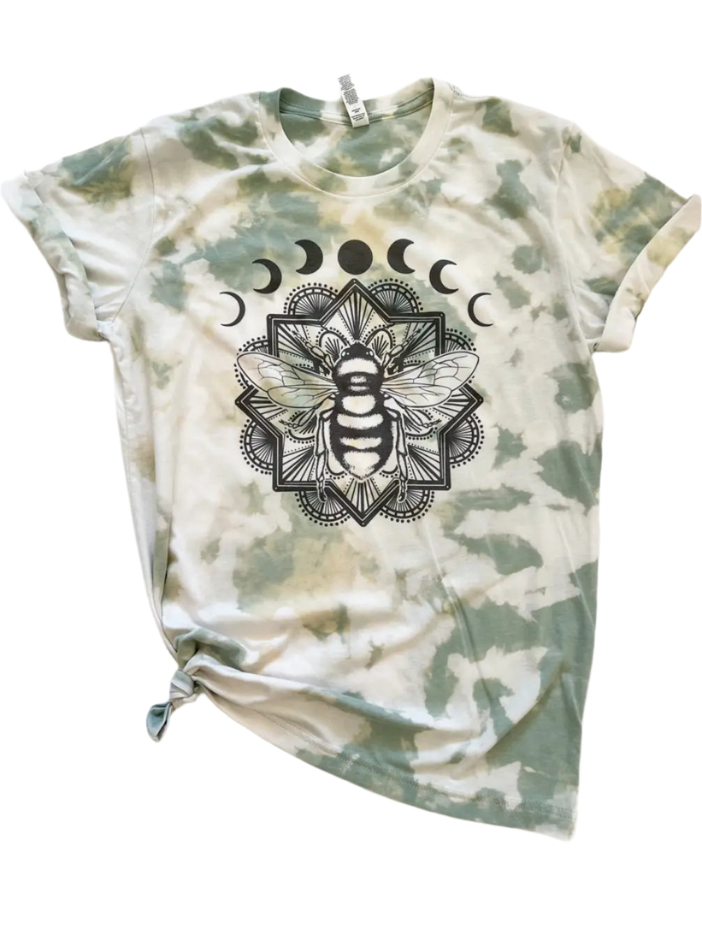 Tie-dye t-shirt with a black bee and moon phases design on a white background
