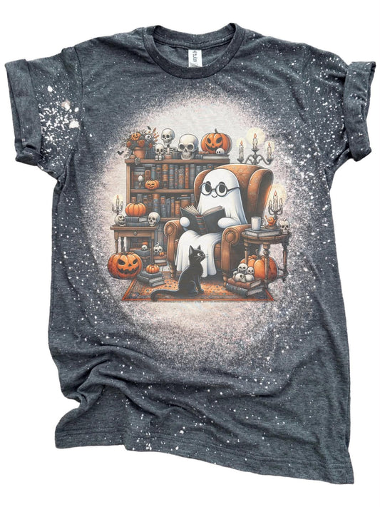 Halloween Cozy Ghost Reader – Bleached Tee 👻📚