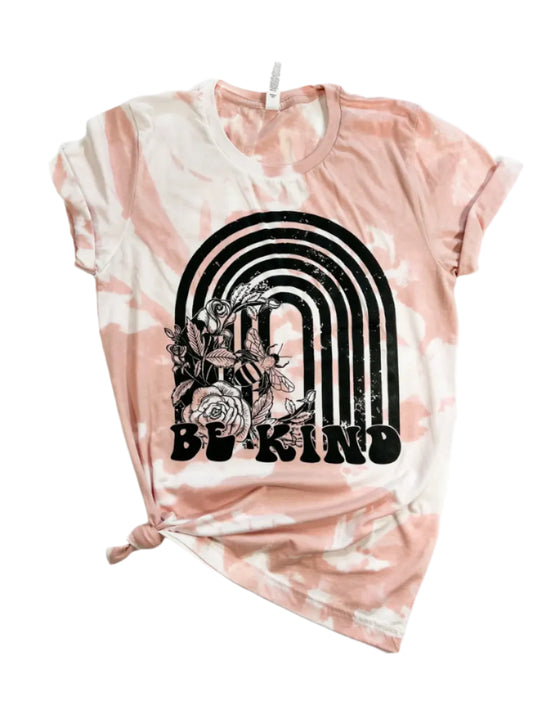 Tie-dye t-shirt with a rainbow and 'Be Kind' text on a white background