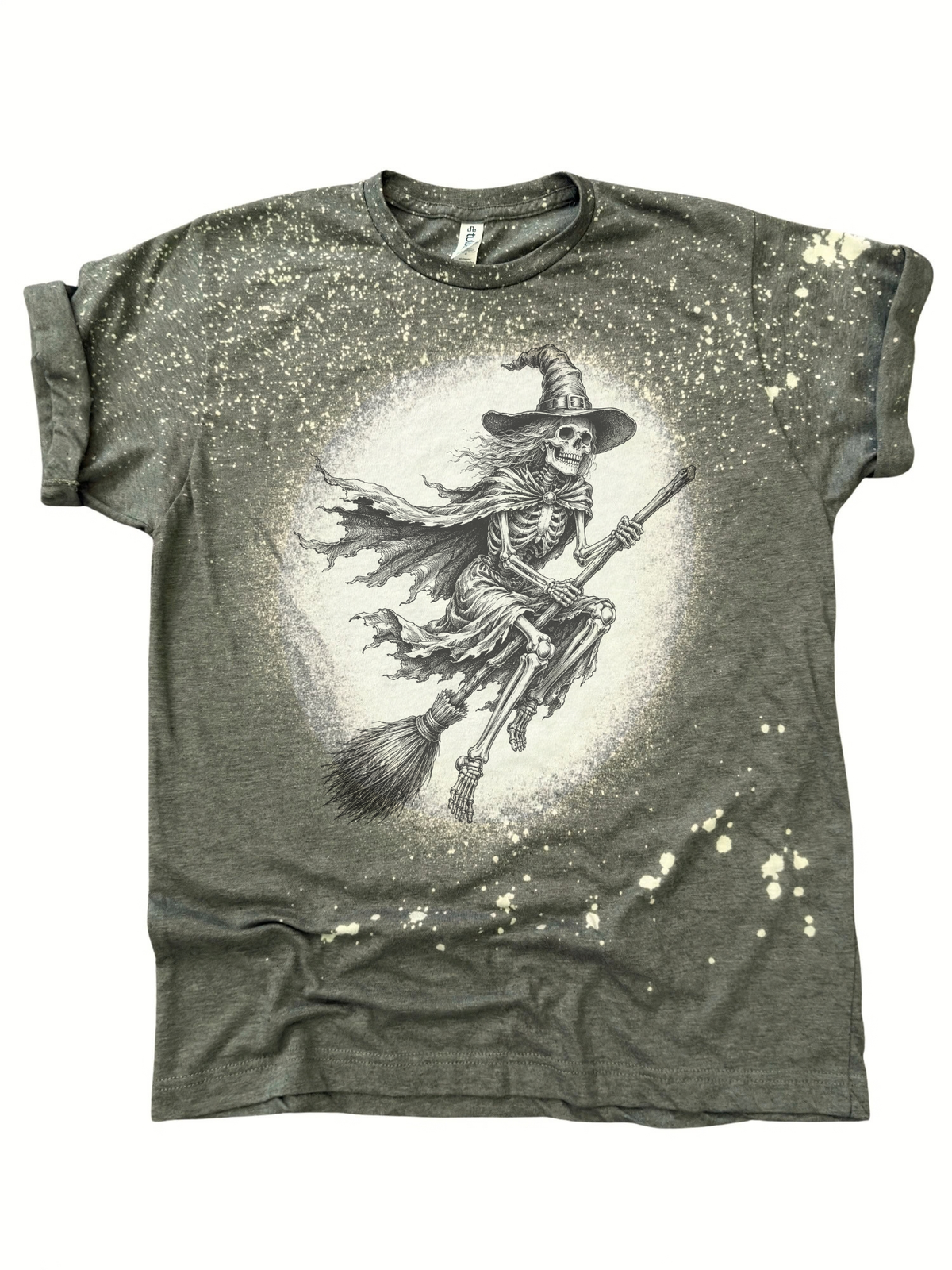 Vintage Flying Skeleton Witch on Broomstick Gothic Halloween Graphic Tee