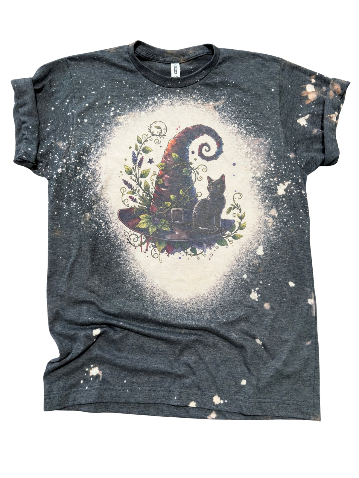 Witch Hat Black Cat - Halloween Bleached Tee