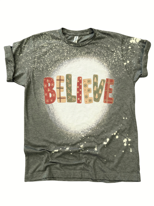 Believe Vintage Christmas Graphic Tee Retro Holiday Patchwork Typography