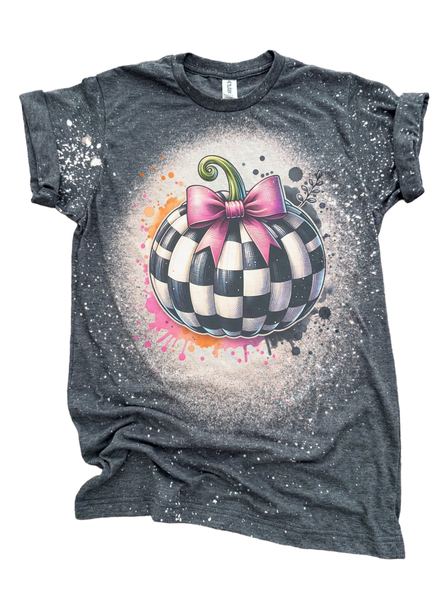 🎃 Pretty Little Checkered Pumpkin – Bleached Halloween Tee 🎀