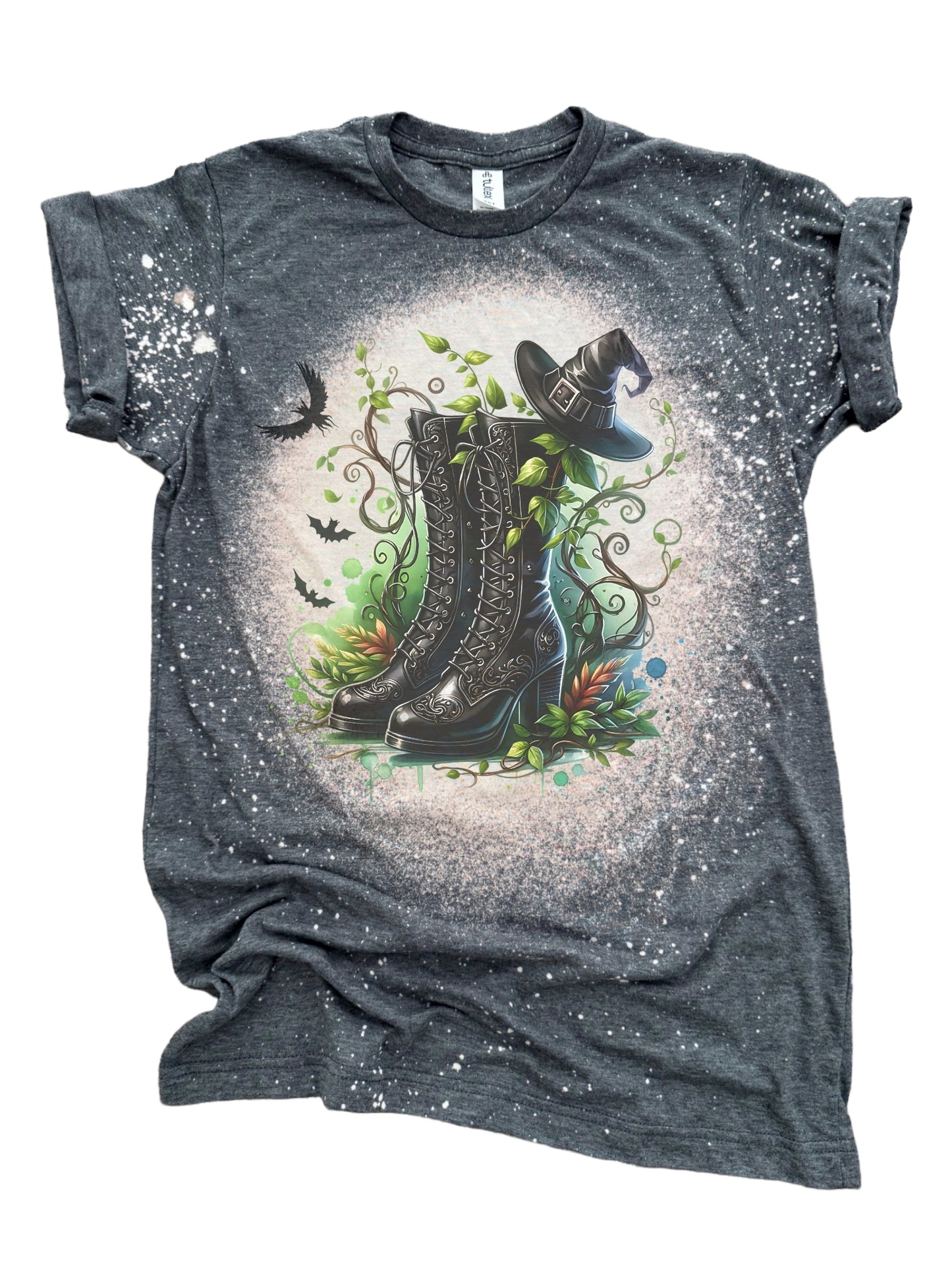 🖤 Witchy Boots – Bleached Botanical Halloween Tee 🌿