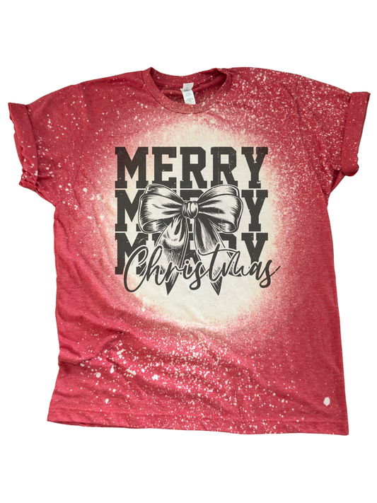 Merry Merry Merry Christmas Bow - Bleached Tee