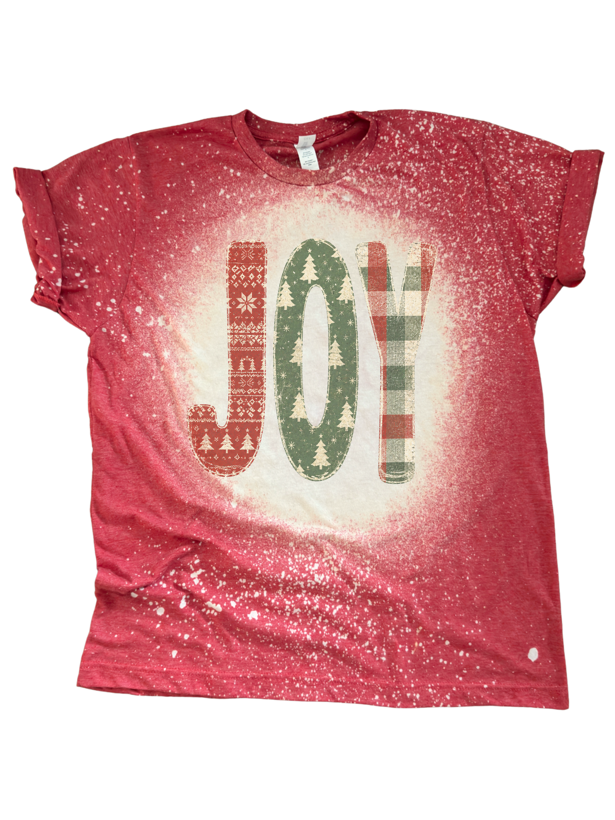 Joy Christmas Quilt Patterned Lettering - Bleached Tee