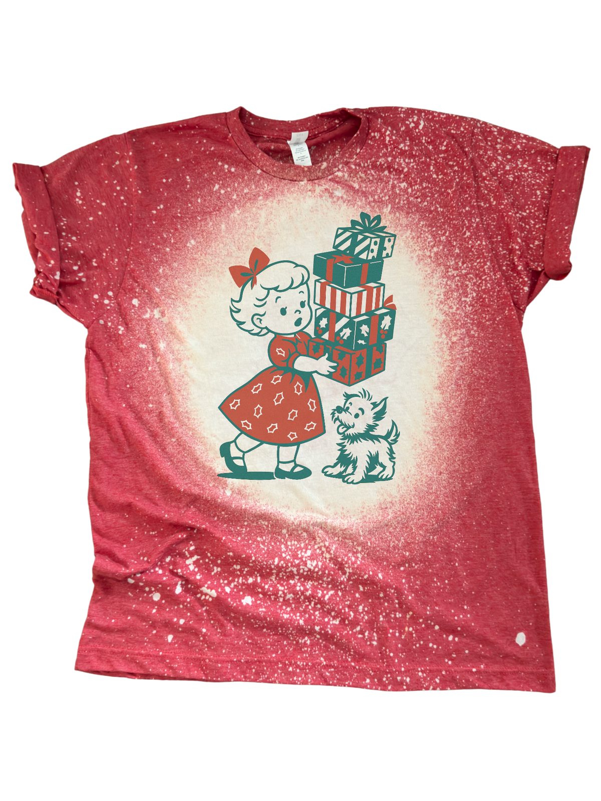 Vintage Christmas Girl with Presents and Puppy Bleached Tee
