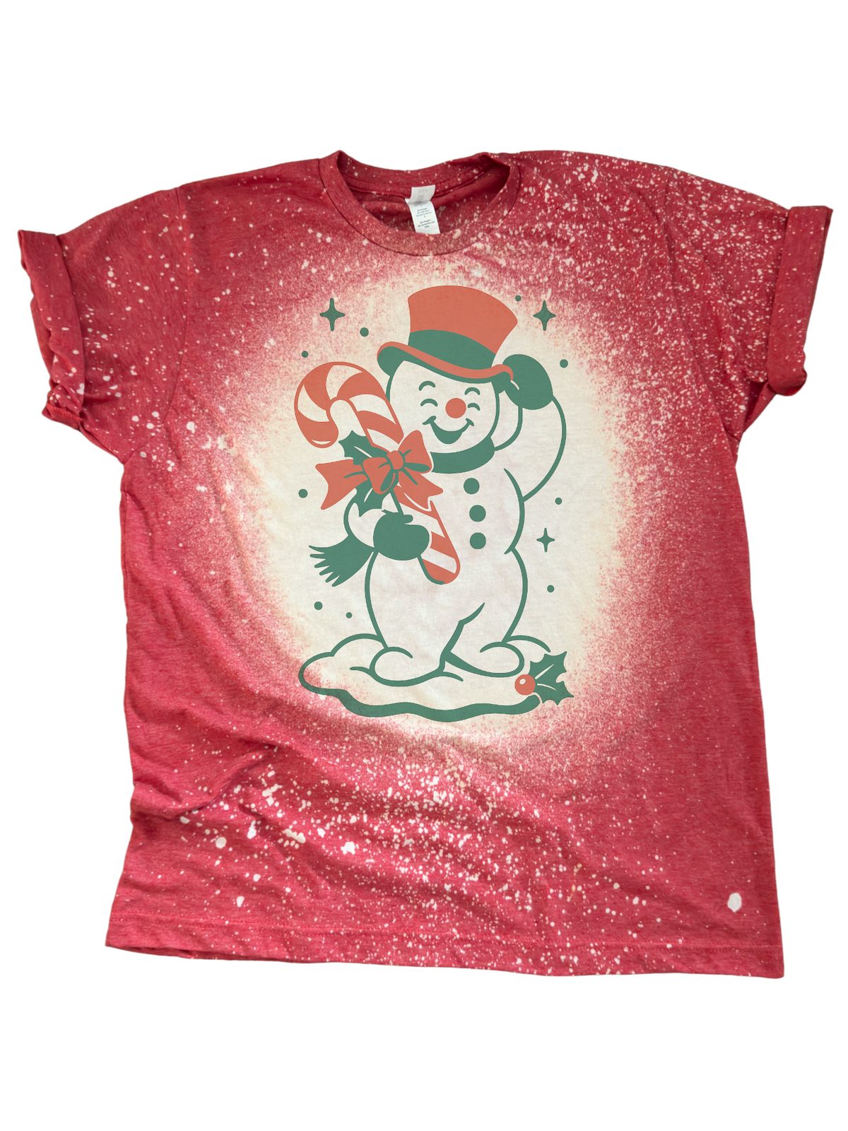Vintage Snowman with Candy Cane - Christmas Bleached Tee