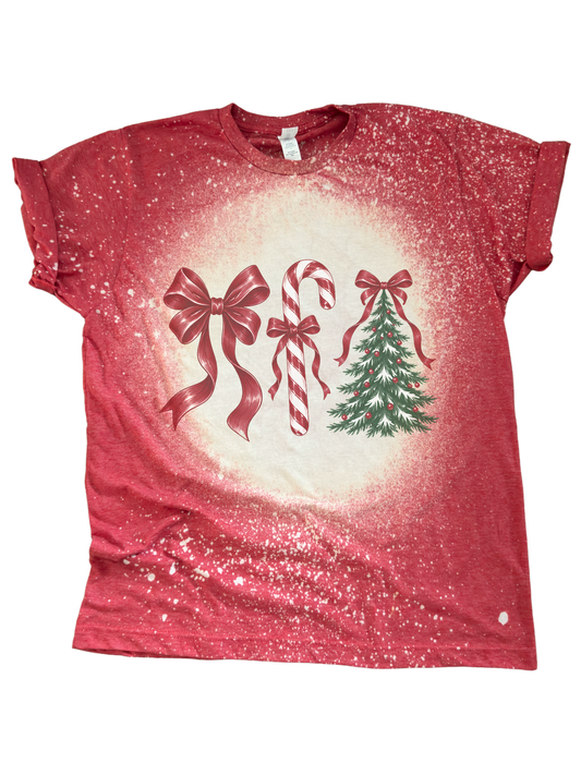 Christmas Bow Candy Cane and Tree - Bleached Tee