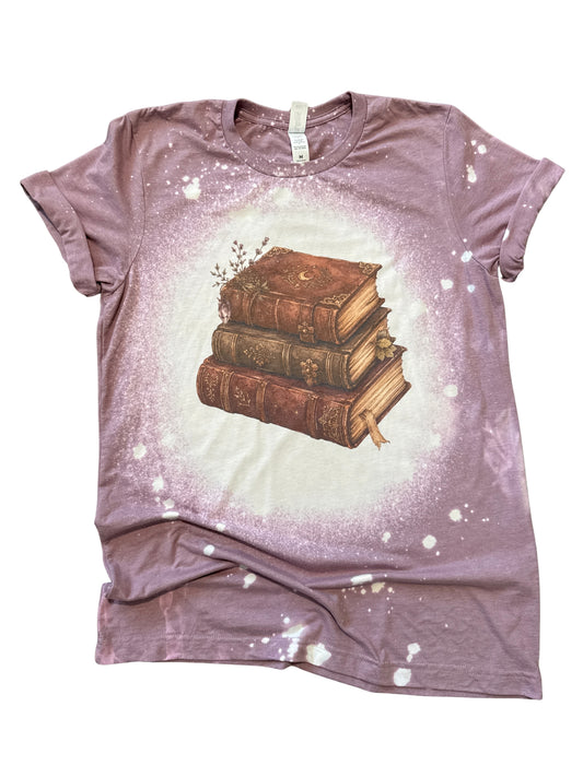 Vintage Celestial Grimoire Book Stack Witchy Halloween Bleached Tee