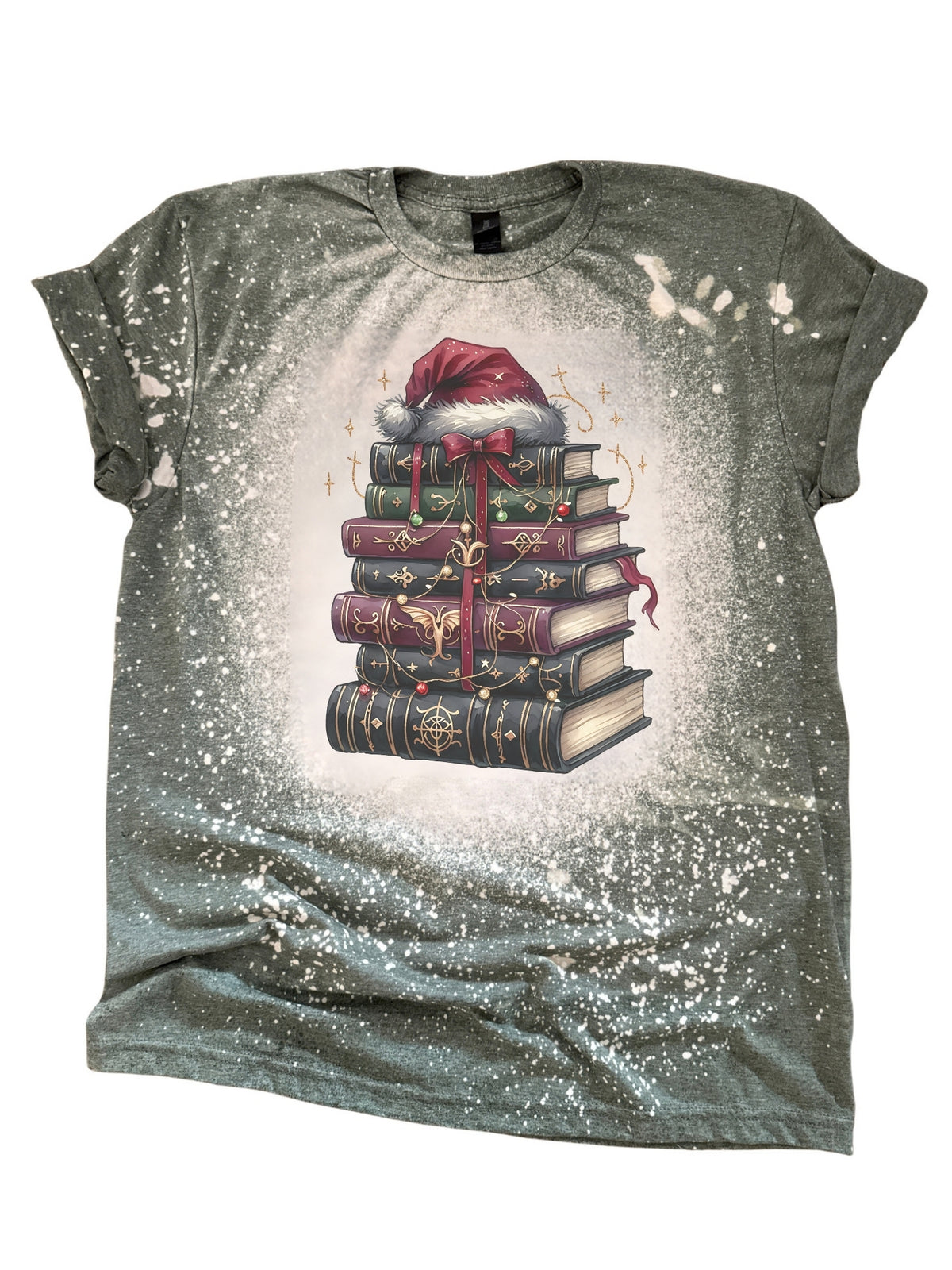 Santa Hat Stack of Books Christmas Book Lover Bleached Tee