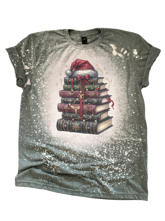Santa Hat Stack of Books Christmas Book Lover Bleached Tee