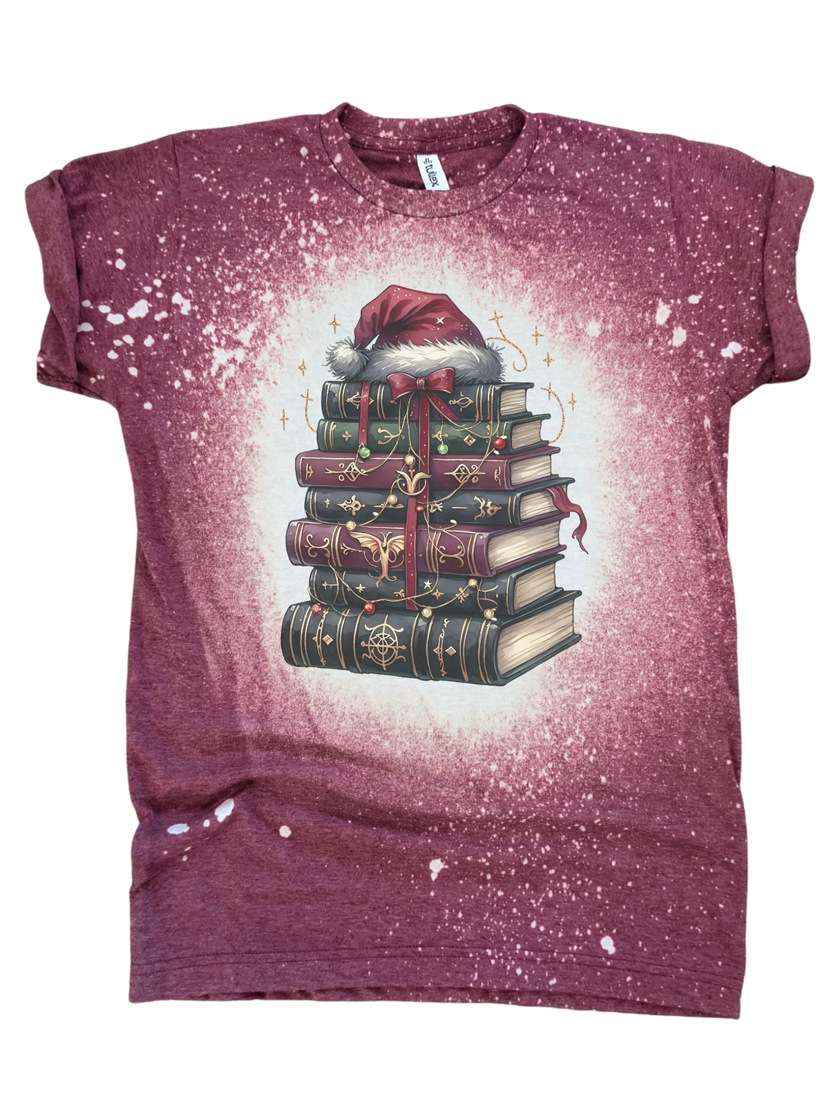 Santa Hat Stack of Books Christmas Book Lover Bleached Tee