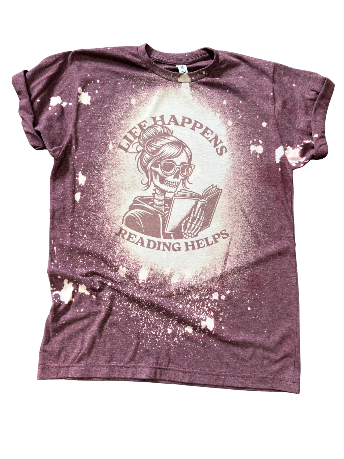 Life Happens Reading Helps Skeleton Reader Book Lover Bleached Tee