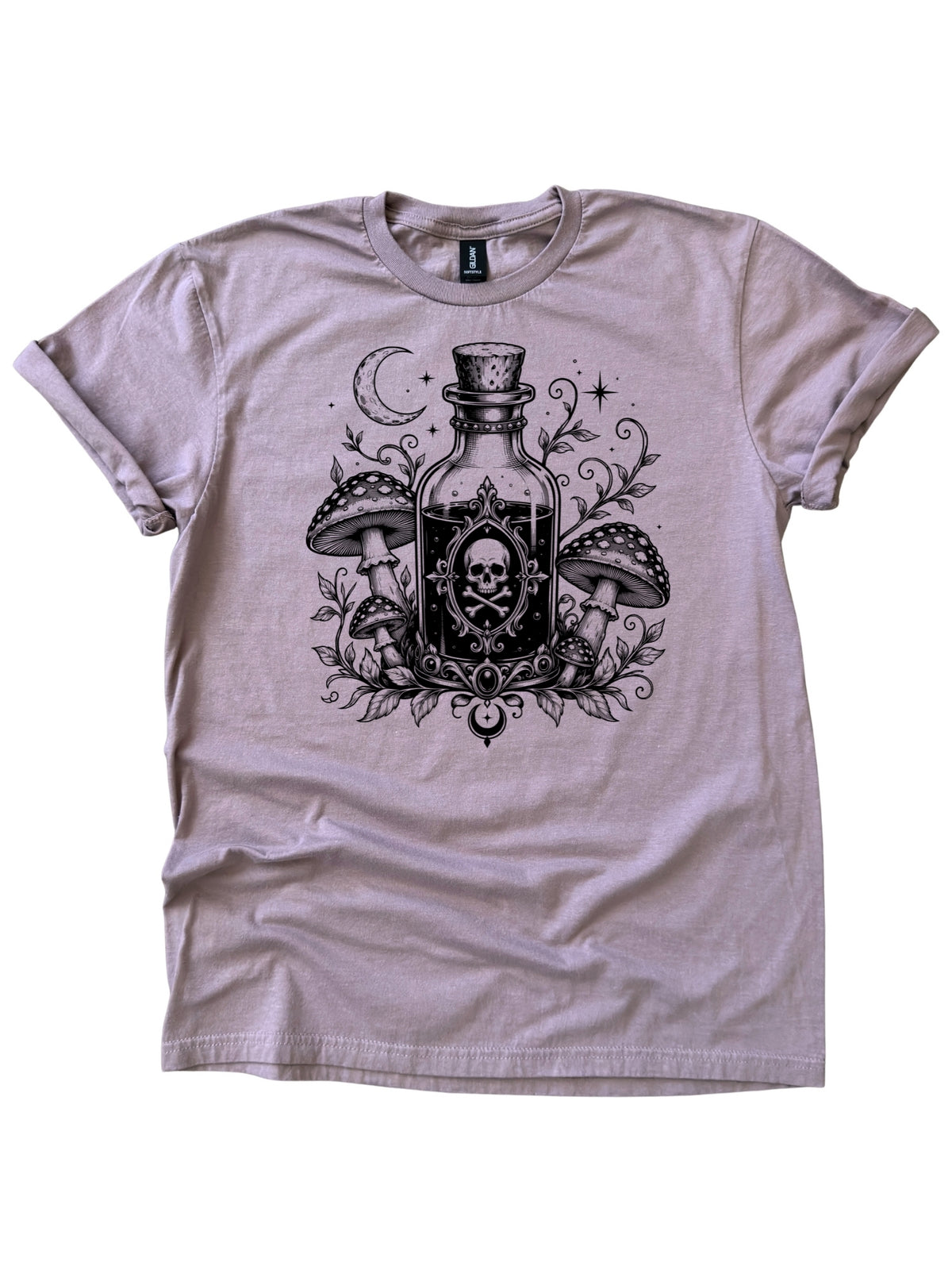 Poison Bottle Mushrooms Skull Celestial Gothic Halloween Graphic Tee