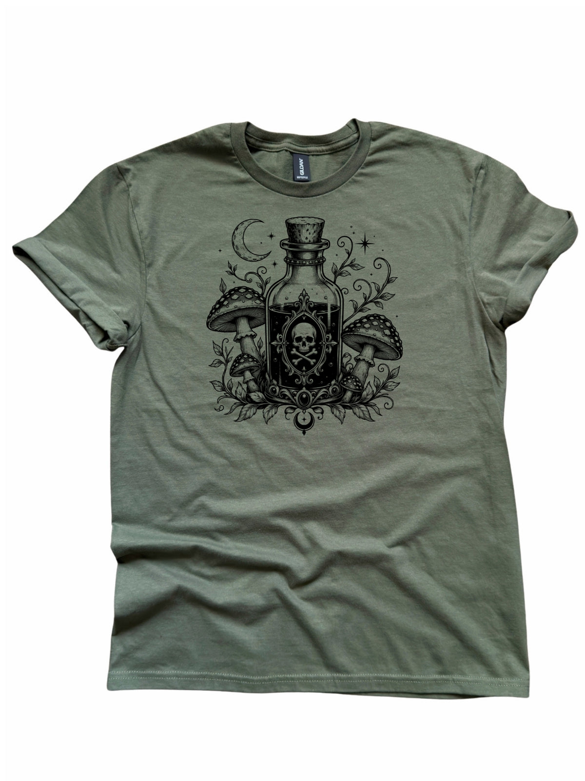 Poison Bottle Mushrooms Skull Celestial Gothic Halloween Graphic Tee