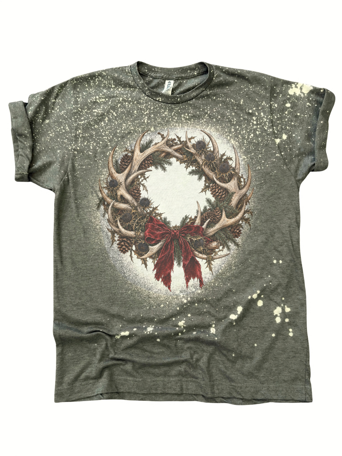 Rustic Winter Solstice Yule Christmas Antler Wreath Graphic Tee with Pinecones and Red Velvet Bow