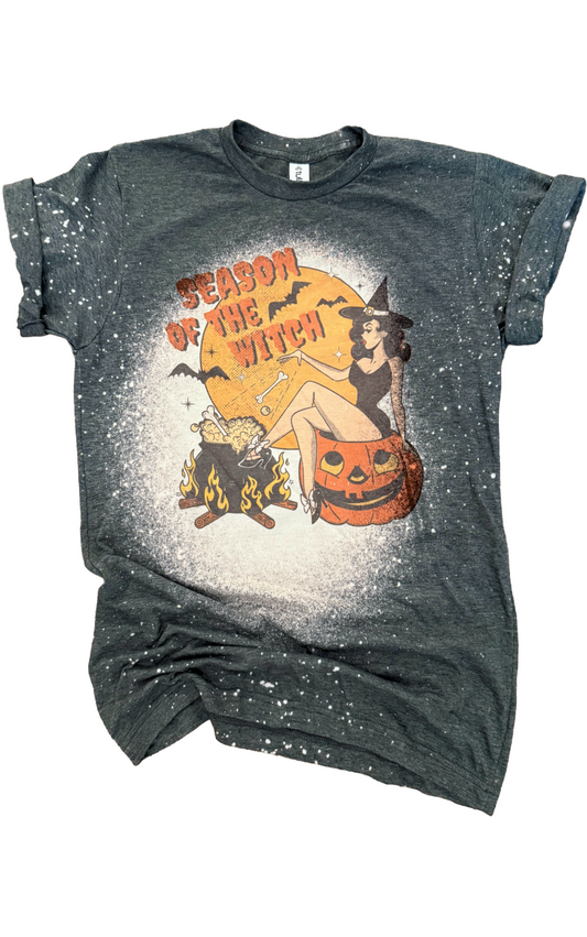 Season of the Witch Vintage Girl Halloween Bleached Tee