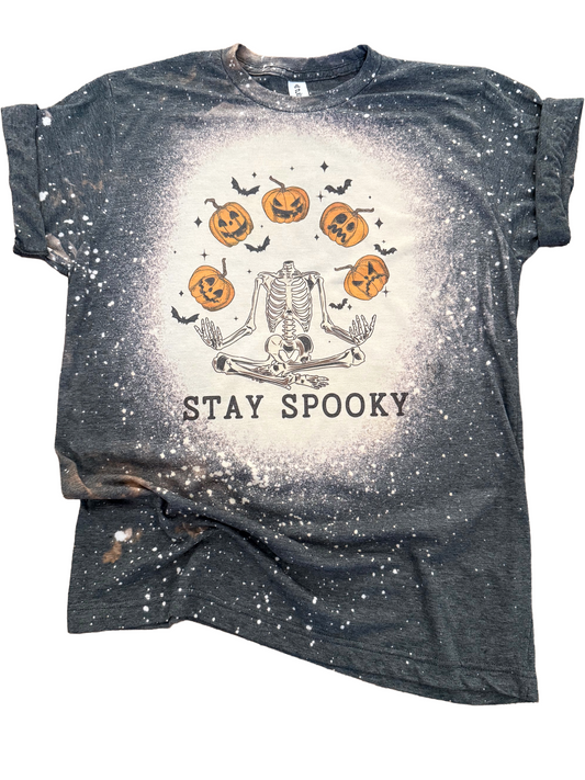 Stay Spooky Skeleton and Pumpkin Halloween Bleached Tee