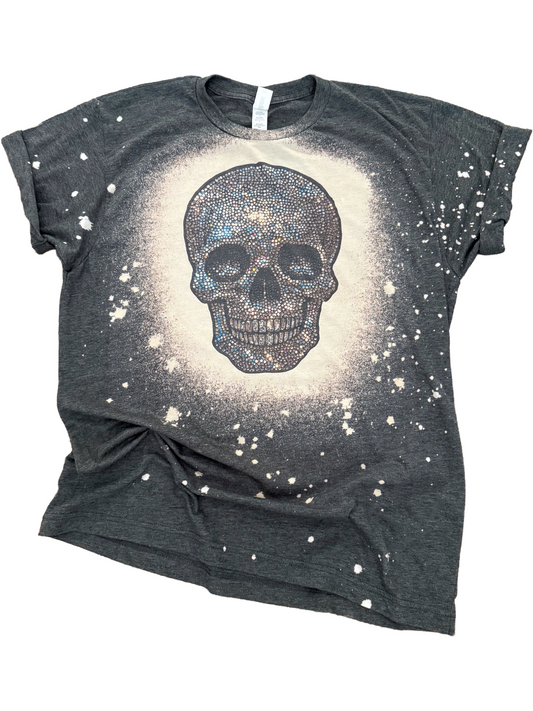 Disco Rhinestone Skull Halloween Bleached Tee