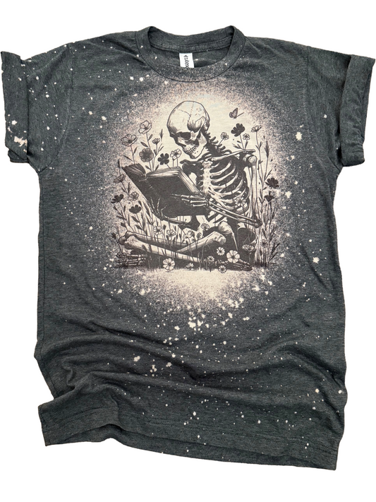 Book Lover Reader Skeleton Bleached Tee