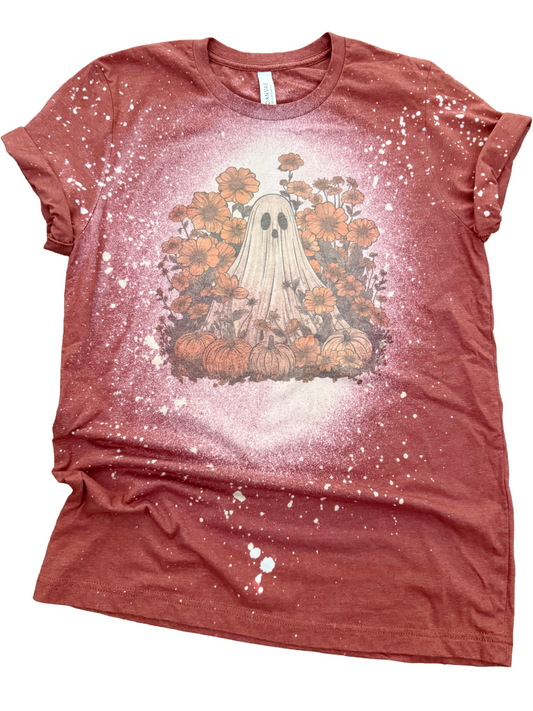 Fall Floral + Pumpkin Ghost Halloween Bleached Tee