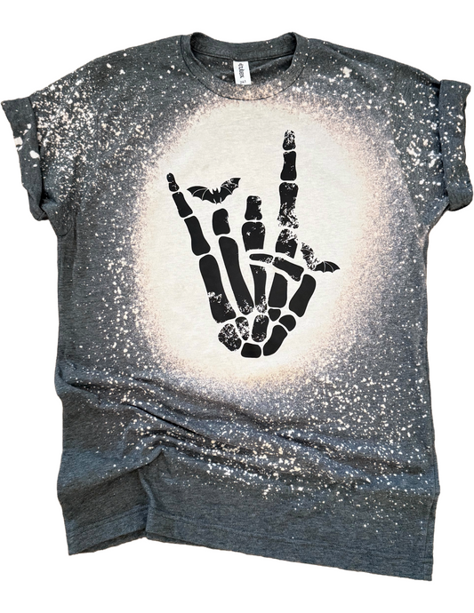 Rocker Skeleton Hand + Bats Halloween Bleached Tee