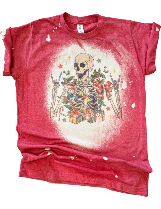 All Decked Out Skeleton Christmas Bleached Tee