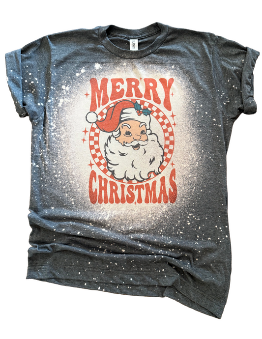 Retro Checkered Santa Merry Christmas Bleached Tee