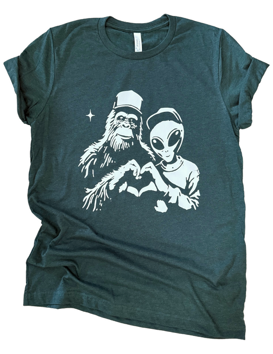 Bigfoot & Alien Heart Hands Tee – Cosmic Love Shirt
