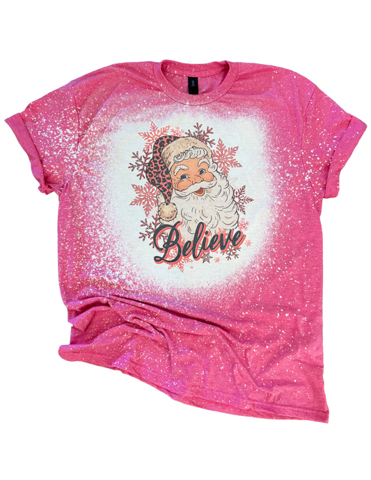 Believe Leopard Santa Christmas Bleached Tee