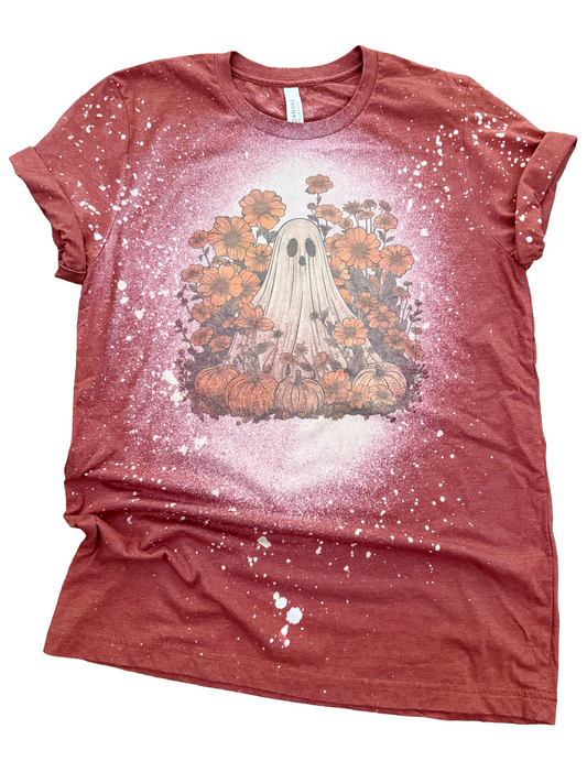 Fall Floral + Pumpkin Ghost Halloween Bleached Tee