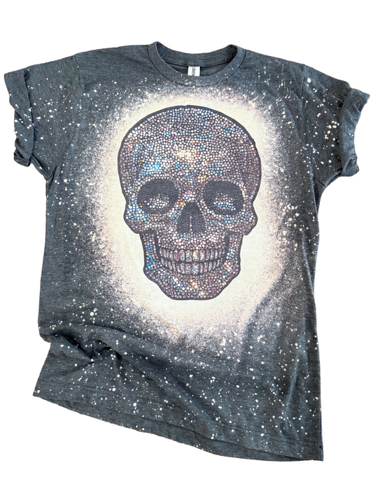 Disco Rhinestone Skull Halloween Bleached Tee