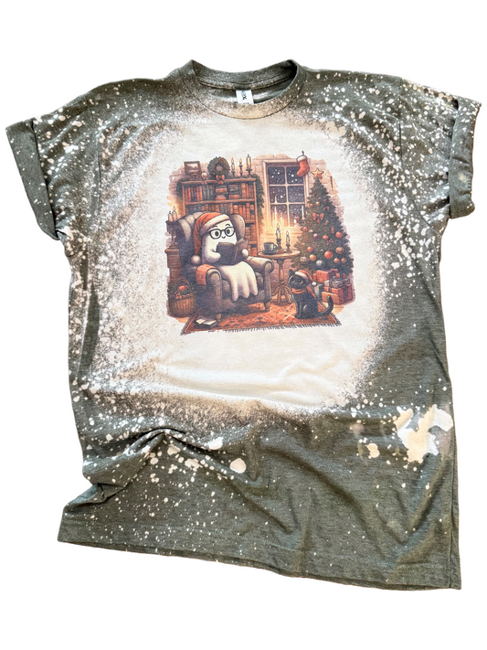 Cozy Reading Ghost Christmas Bleached Tee