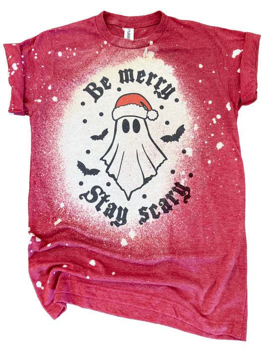 Be Merry Stay Scary – Santa Ghost Christmas Bleached Tee