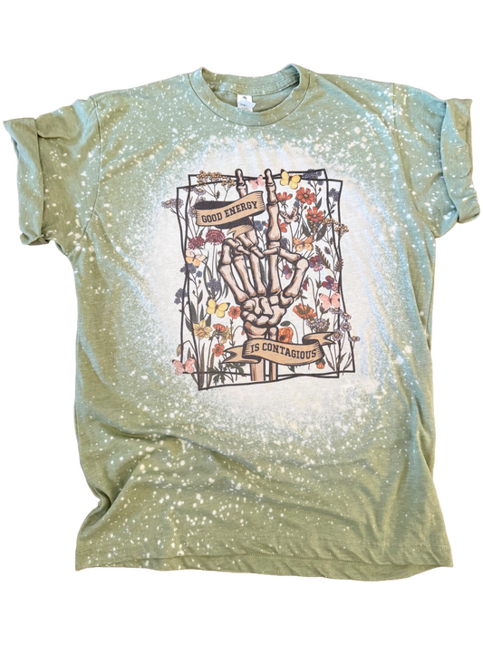 Good Energy is Contagious Skeleton Floral Bleached Tee
